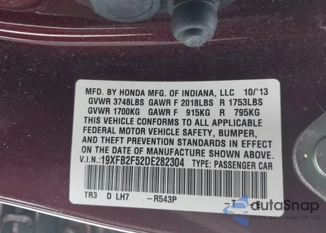 2013 Honda Civic Lx from USA, damaged, VIN 19XFB2F52DE282304